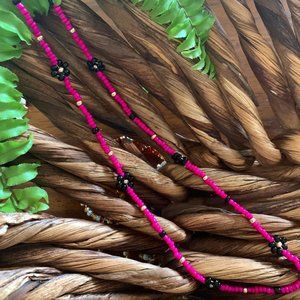 Boho Happy Daisy Necklace - Fuschia Pink+Black